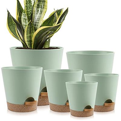 YNNICO Växtkrukor inomhus 8/7/6,5/6/5,5/5 tum självvattnande planterare med dräneringshål och fat, plastblomkrukor, plantkruka för inomhus och ute dörrväxter