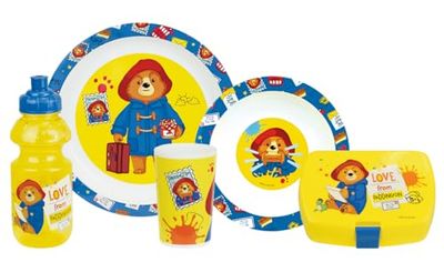 FUN HOUSE | Set de caja de comida Paddington para niños, 1 vaso, 2 platos + botella y caja de sabor, licencia oficial | Reutilizable y Microondable | Marca Francesa | Colores vivos | Idea de regalo