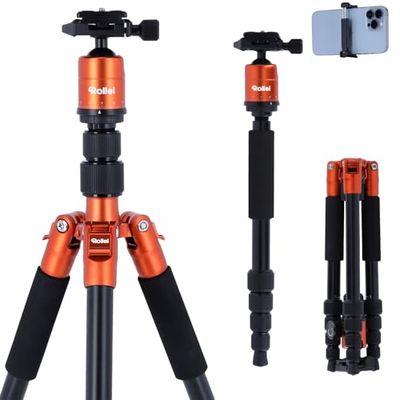 Rollei Compact Traveler Nº 1 laranja, 143 cm tripé câmara de alumínio tripé de viagem leve tripé compacto com cabeça de bola compatível Arca Swiss tripé e monopie para DSLR e Smartphone