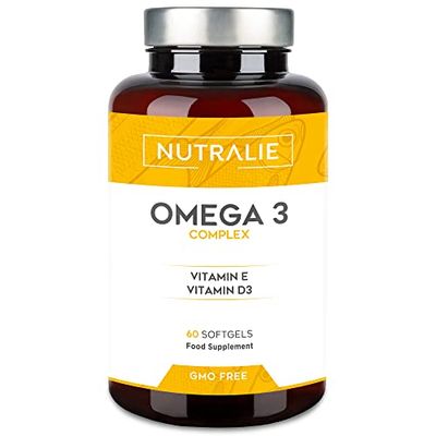 Omega 3 Cápsulas 2000mg Puro - DHA y EPA Alta Concentración - Aceite de Pescado Vitaminas D E - 60 Cápsulas Fish Oil Omega 3 Nutralie (Sin aditivos)
