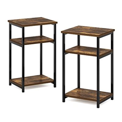 Furinno Just 3-Tier Industriële Metalen Frame Bijzettafel met Opbergplanken, 2-Pack, Amber Pine