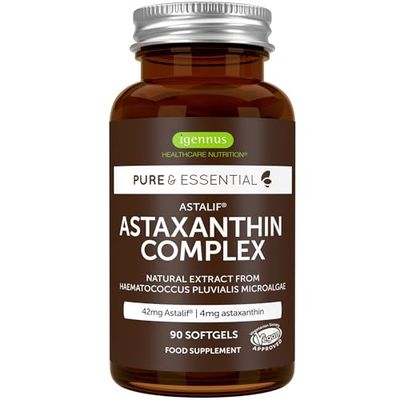 Astaxanthine Vegan, Complexe Antioxydant Naturel, 3 mois, 42mg provenant de algues ultra pures et durables, Lutéine et Zéaxanthine, 90 gélules – par Igennus