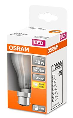 OSRAM LED lamp, Voet: B22d, Warm Wit, 2700 K, 4 W, vervanging voor 40 W gloeilamp, frosted, LED Retrofit CLASSIC A 1 Pack