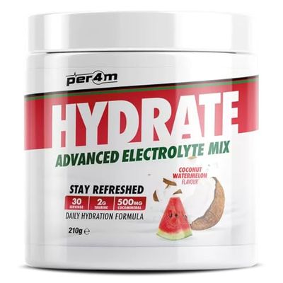 Per4m Hydration Electrolyte Mix Coco Sandía 210g – Mezcla de electrolitos sabor coco sandía para hidratación.