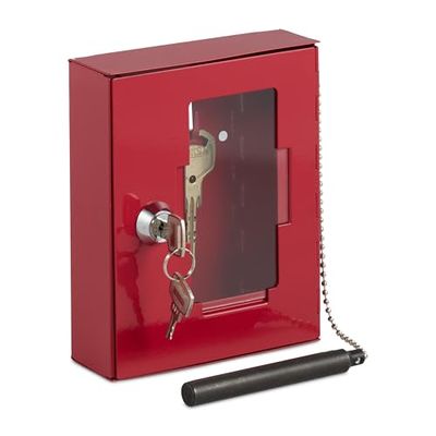 Relaxdays Boîte à clés d'urgence, avec vitre de Verre, Marteau Brise-Glace et 2 clés, verrouillable, métal, Rouge