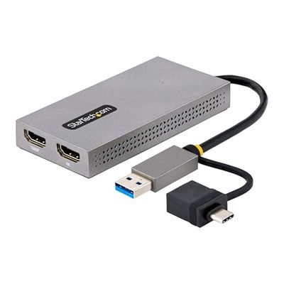 StarTech.com 107B-USB-HDMI-USB naar HDMI Adapter, USB 3.0 naar Dual HDMI Converter, USB A/C naar 2x HDMI Schermen (1x 4K30Hz, 1x 1080p) USB-A naar C Dongle, 11cm Kabel, Win & macOS,Grijs