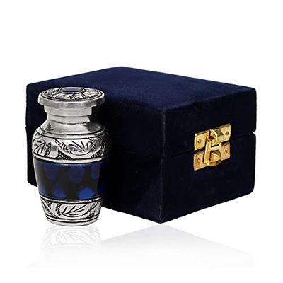 HLC Urna per cremazione piccola con incisione a mano, colore blu, con 1 sacchetto di velluto, 3 cu.in alluminio, bel motivo blu, finitura lucida, urna decorativa