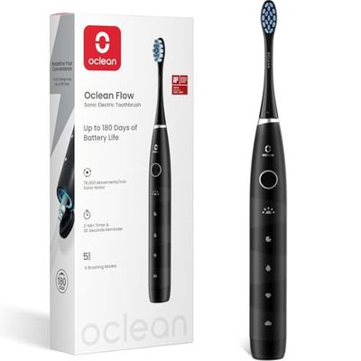 Oclean Spazzolino elettrico sonico Flow, Ricarica ogni 180 giorni, 5 Modalità, Impermeabile IPX7, Timer da 2 minuti, Nero