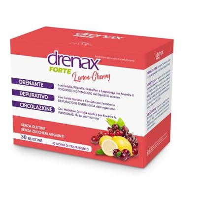 Drenax Forte Lemon Cherry Integratore. 30 Bustine. Contro la ritenzione idrica, drenante depurativo per il microcircolo Senza zuccheri