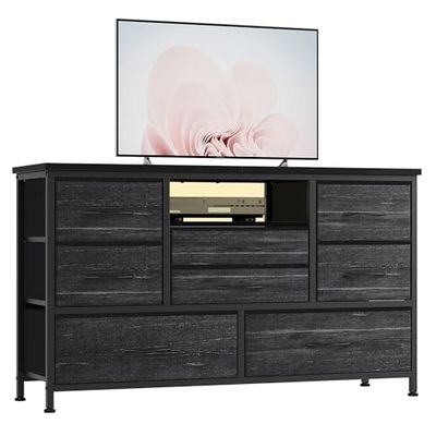 Baloveby Comodekast met 8 laden, tv-kast met ledlicht, 3 stopcontacten en 2 USB, comodetekast voor woonkamer, hal, slaapkamer, stabiel metalen frame, houten tafelblad