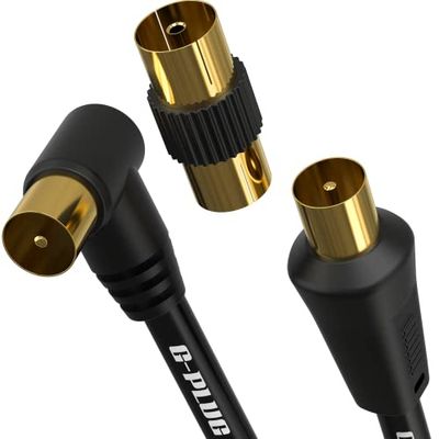 3m Rechthoekige lange TV-antennekabel met stekkeradapter - Coaxiale Satellietkabel-TV-antenne - AV Lead Male to Male met RF Connector Coax kabeluitbreiding in goud - FreeView, FreeSat, Sky Box, BT