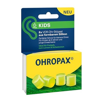 OHROPAX Tapones para los oídos Kids – Protección contra el ruido para oídos pequeños – Tapones de silicona moldeable – Aislamiento acústico SNR 23 dB – Ideal para ocio, aprendizaje y natación – 8