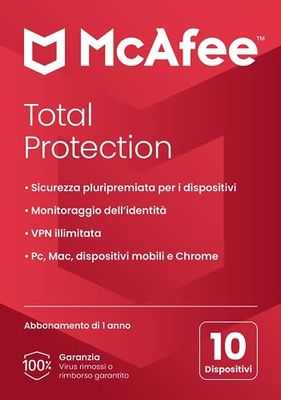 McAfee Total Protection 2024, 10 dispositivi, Antivirus, VPN, gestore password, Internet Security e dispositivi mobili,PC/Mac/iOS/Android, Abbonamento di 1 anno,Codice di attivazione per posta