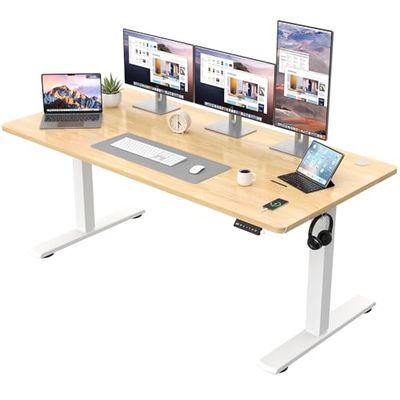 JUMMICO Escritorio de Altura Regulable con Placa Completa, Escritorio eléctrico, Altura Regulable con función de Memoria, Asiento de pie, Mesa para Ordenador, 160 x 60 cm, Beige