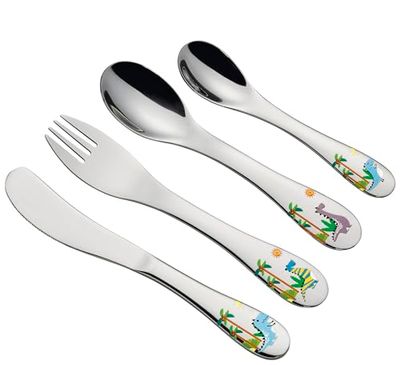 cilio DINO - Cubertería infantil (4 piezas, acero inoxidable, forma ergonómica, cuchillo infantil de 21 cm, tenedor de 21 cm, cuchara infantil de 20 cm, cuchara pequeña de 17 cm, grabado en