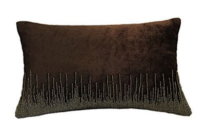 AM Home Feather Insert Silver Beaded Velvet Pillow, Cotton, Mocha, Queen