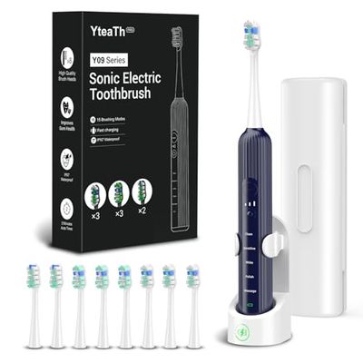 Brosse À Dents Électrique Sonique pour Adultes et Enfants - 5 Modes de Nettoyage, 3 Niveaux D'intensité, Minuterie Intégrée, 8 Têtes Incluses - Étui de Voyage - Bleu