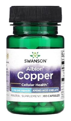 Swanson - Albion® COPPER 2 mg | Cobre Quelado | Alta Biodisponibilidad para el Sistema Inmunológico y Salud Ósea - 60 Cápsulas