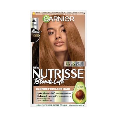 Garnier Permanent Hair Colour, Nutrisse Blonde Lift, Blonde For Dark Hair, With Anti-Brass Conditioner, For Non-Coloured Hair, Cruelty Free, Vegan Formula, Shade: UL1 Chestnut Blonde