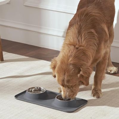 Penguin Home® Juego de 4 tazones ranurados para Mascotas de Acero Inoxidable con Alfombrilla Antideslizante de Silicona Gris | Tazón Mat 48 x 24 cm - 425 ml