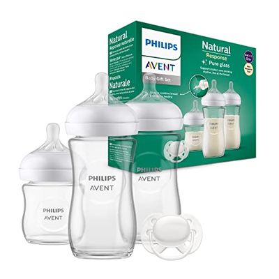 Philips Avent glazen babyfles cadeauset voor pasgeboren baby's - 3 babymelkflessen, ultra soft-fopspeen voor baby's van 0-6 maanden en ouder (model SCD878/11)