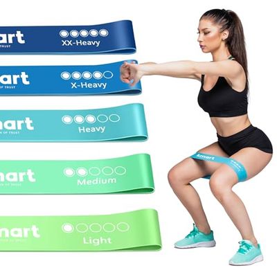 K-MART Set di 5 fasce di resistenza per uomini e donne, delicate sulla pelle, per fitness, esercizi, 5 livelli per gambe, glutei, braccia, pilates, ideali per casa, palestra, yoga (verde menta e blu)