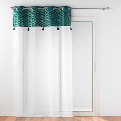 Douceur d'Intérieur, Evie Eyelet Curtain 140 x 280 cm Blue Sandblasted Curtain with Top Velour and Pompom