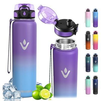 Vikaster Borraccia Termica, 1 Litro Senza BPA, Thermos per Bevande Calde, Senza Perdite, Bottiglia Termica, Acciaio Inox, Borraccia Termica con Cannuccia per Adulto, Scuola, Palestra, Ciclismo
