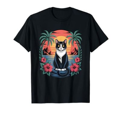Tuxedo Cat Hawaiian Summer Tropical Beach Vacation Graphic Maglietta