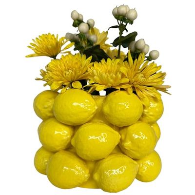 PeachiiPitt Lemon Vase -Cheery Yellow Ceramic French/Mediterranean Style Unique Vase with 3D Lemon Design- Lemon Kitchen Decor - Lemon Themed Housewarming Gift for her