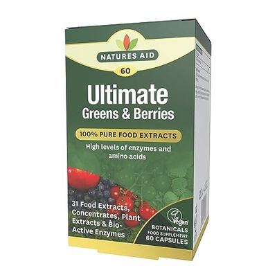 Natures Aid Ultimate Greens & Berries Capsules - Mix of 31 Fruits Berries Vegetables Mushrooms Phytonutrients and Plant Bioactive Enzymes & Amino Acids - Vegan Vegetarian Gluten Free - 60 Supplements