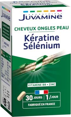 JUVAMINE - Kératine et Sélénium - Vitamine B8, Zinc et Prêle - Cheveux, Peau & Ongles - 30 Gélules d'origine végétale - Programme de 1 Mois - Fabriqué en France