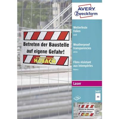 Avery Zweckform 3487 Weatherproof Films, Coated and Batch Processable for Colour Laser Printers and Black-and-White Copiers and Laser Printers, Thickness 13 mm