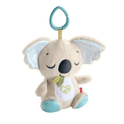 Fisher-Price Koala Muzyczny przenośny uspokajacz Zawieszka do wózka, pluszowy przenośny uspokajacz przytulanka z aktywacjami dźwiękowymi, zabawka sensoryczna dla niemowląt od narodzin, JBD65