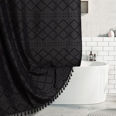 Siiluminisoy Rustieke Chenille Gestreepte Stoffen Douchegordijn Moderne Minimalistische Shabby Chic-Stijl Bohemian Stijl Gestructureerd Zwart Gestructureerd met Pompons 183 x 183 cm