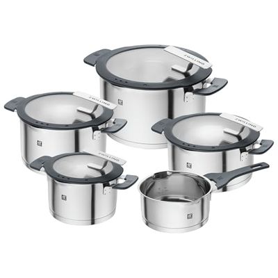 ZWILLING Set di pentole Simplify in acciaio inossidabile, 5 pezzi, con setaccio integrato nel coperchio, adatto all'induzione, argento-nero