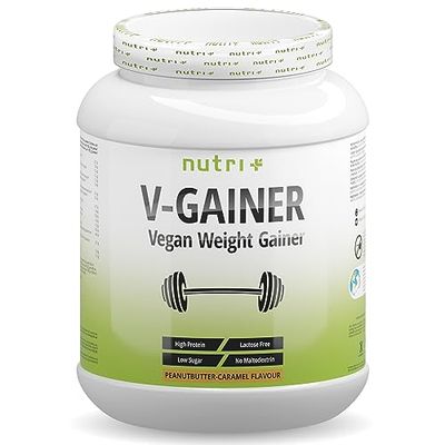 nutri+ WEIGHT & MASS GAINER 2 kg Vegano Bebida con sabor Caramelo rico en calorías para ganar peso y masa muscular ganador de masa sin maltodextrina Proteína 2000 g
