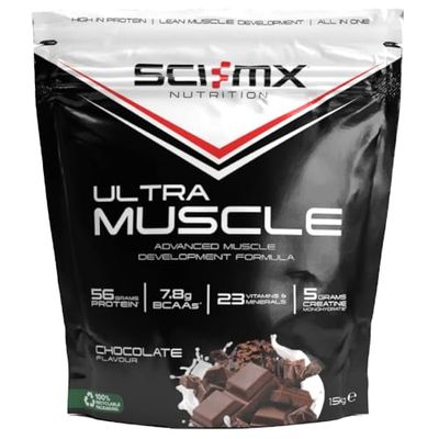SCI-MX Ultra Muscle - Protein Powder for Muscle Development + 23 Vitamins & Minerals - Chocolate • 56g Protein + 5g Creatine + 7.8g BCAAs per Serving • 1.5kg