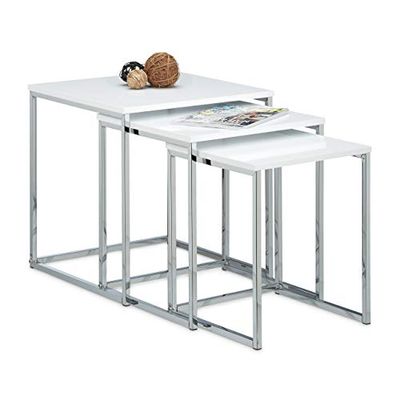 Relaxdays – Conjunto de 3 mesas laterais, madeira e metal, design moderno, 42 x 40 x 40 cm, pode colocar um sobre o outro, cor branca