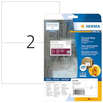 HERMA 4693 - Set di 32 etichette adesive resistenti alle intemperie, formato DIN A4, 210 x 148 mm, 800 fogli, pellicola in poliestere, opaca, autoadesive, stampabili, estremamente resistenti, 1600