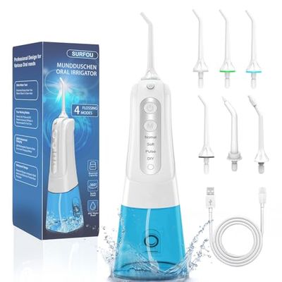 SURFOU Jet Dentaire Hydropulseur et Irrigateurs 4 Modes 6 Embouts, IPX7 Etanche, USB Rechargeable et Réservoir D'eau 300 ML pour Voyage et Utilisation à la Maison