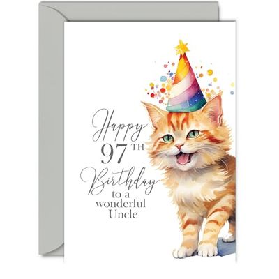 97th Birthday Cards for Uncle - Party Cat Kitten - Happy Birthday Card for 97 Year Old Uncle from Niece Nephew, A5 Bday Man Men Him Greeting Cards Gift for Uncle Birthday Gifts