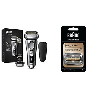 Braun Series 9 Pro Electric Shaver with 4+1 Head, ProLift Trimmer, Charging Stand & Travel Case & Series 9 Electric Shaver Replacement Head, 94M, Silver