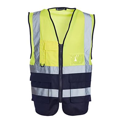 Blackrock Gilet haute visibilité jaune et bleu marine de qualité supérieure avec poches, pochette d'identité et boucle pour clés, gilet haute visibilité réfléchissant pour homme et femme avec