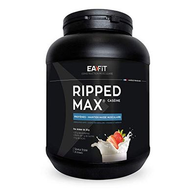 Ripped Max Caséine | EAFIT | Assimilation lente caseine 100% micellaire + Vitamines et Minéraux (magnesium,fer) | Riche en proteine | En poudre à mélanger dans un shaker pour le sport | Fraise |750g