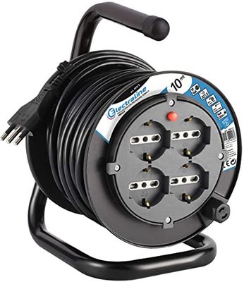 Electraline 49212 prolunga elettrica con avvolgicavo 10 mt 4 prese polivalenti (schuko + 10/16A) spina grande 16A, con protezione, nero - sezione cavo 3G1,5 mm²