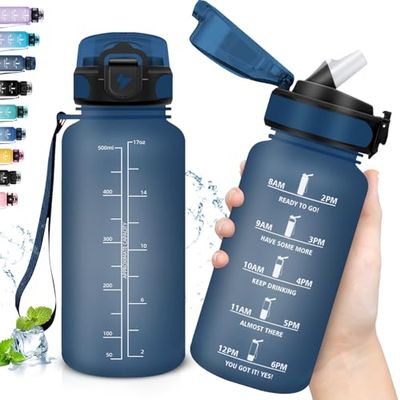 Grsta Vattenflaska för barn, lätt att bära, 0,5 liters flaska med tidsskala, läckagefri flaska med sugrör, motiverande flaska, för skolor, camping, kontor