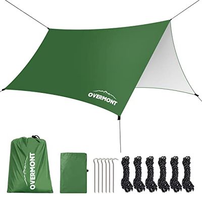 Overmont Tienda de Campaña Tarp 3m x 3m Tarp Multifuncional Portátil Toldo de Protección Solar con 6 Estacas y 6 Cuerdas para Hamaca Viajes al Aire Libre y Picnic Verde