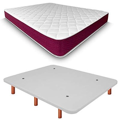 Duérmete Online Base tapissée 3D renforcée Anti-Bruit + Matelas viscoélastique Lyla réversible Pieds en Bois Couleur Cerisier, Blanc, 135 x 190 cm