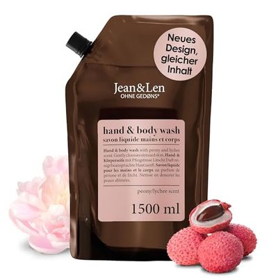 Jean & Len Hand & Body Wash Peony & Lychee, limpia y cuida la piel, fragancia floral delicada, jabón líquido en envase de recambio, sin parabenos, siliconas ni microplásticos, vegano, 1,5L